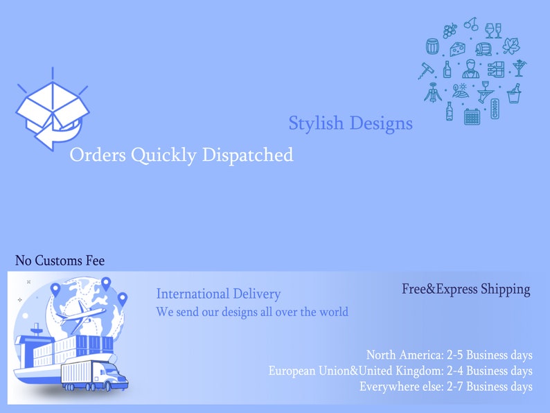 May include: Illustration of a package being shipped with the text "Orders Quickly Dispatched" and "Stylish Designs". The image also includes a globe with a plane and a shipping container on a truck, with the text "International Delivery" and "Free & Express Shipping".
