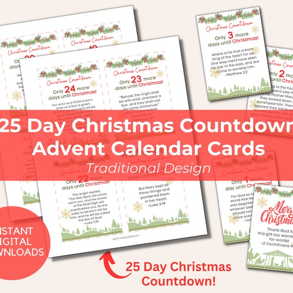 25 Days of Advent Calendar Christmas Countdown Bible Verse Cards Printable