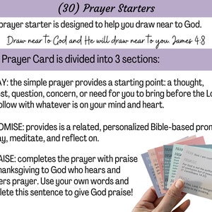 May include: A set of prayer cards with a purple background and white text. The cards are divided into three sections: Pray, Promise, and Praise. The text on the cards includes a quote from James 4:8: "Draw near to God and He will draw near to you."