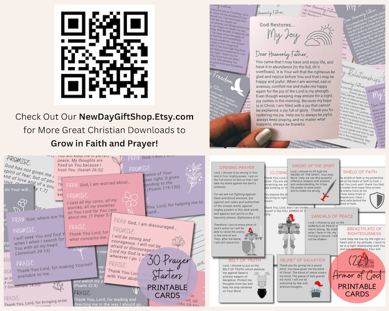 May include: A set of 30 printable prayer starter cards with a pink, gray, and white color scheme. The cards feature a variety of Christian themes, including faith, hope, and love. The cards are designed to help people grow in their faith and prayer life.