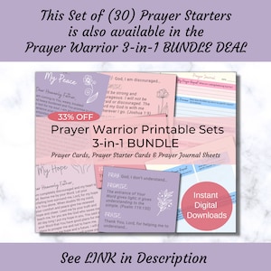May include: A pink and white printable set of prayer cards, prayer starters, and journal sheets. The set includes 30 prayer starters and is available as a 3-in-1 bundle. The text on the image reads "Prayer Warrior Printable Sets 3-in-1 Bundle" and "Prayer Cards, Prayer Starter Cards & Prayer Journal Sheets".