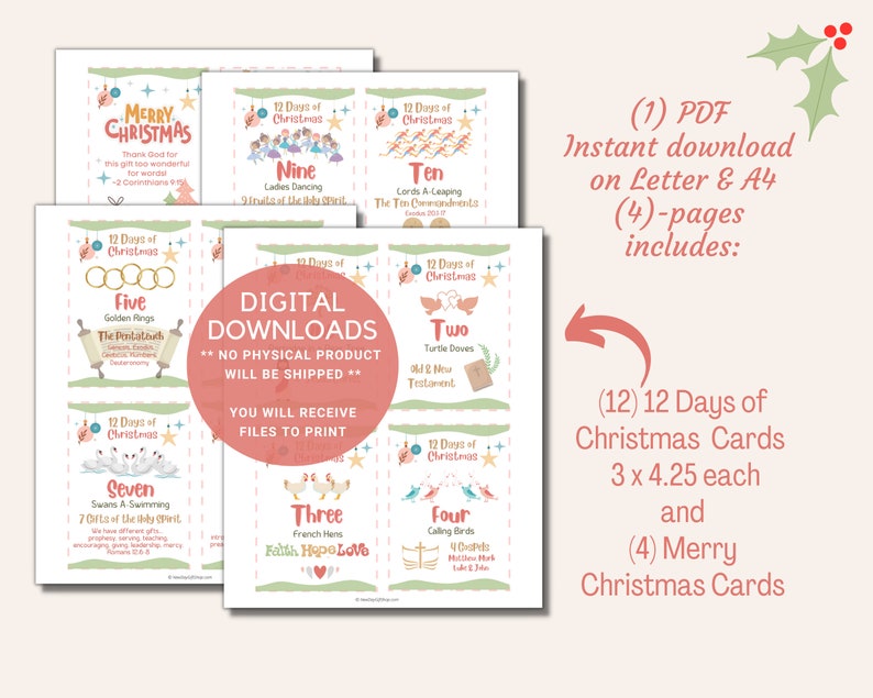 12 Days of Christmas Song Twelve Printable Cards Tags - Etsy