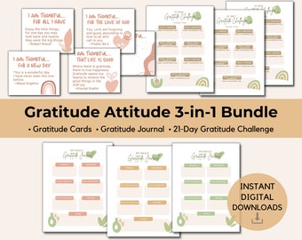 Può includere: Un pacchetto digitale stampabile per praticare la gratitudine. Il pacchetto include tre elementi: un set di carte di gratitudine, un diario di gratitudine e una sfida di gratitudine di 21 giorni. Il design presenta uno schema di colori verde e marrone con illustrazioni di avocado e arcobaleni.