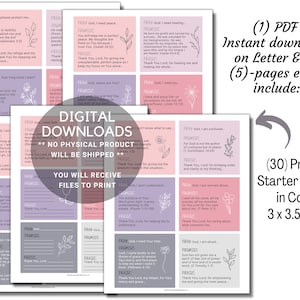 May include: A digital download of 30 printable prayer starter cards in color. Each card is 3 inches by 3.5 inches and features a pink and gray color scheme with a floral design. The cards include a prayer prompt, a promise, and a praise section. The text on the cards is in English.