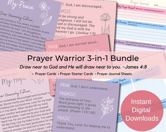 Prayer Warrior Printable Prayer Cards, 3 Prayer Sets include Daily Prayer Cards, Mini Prayer Starter Cards & Prayer Journal Digital Download