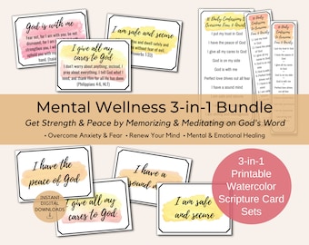 Mental Wellness Scripture Cards BUNDLE DEAL- Overcome Anxiety & Fear, Mental and Emotional Healing and Renew Your Mind Bible Verse Card Sets