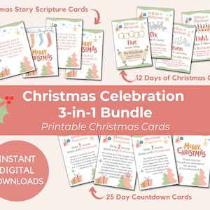 25 Days Advent Countdown, 28 Christmas Story Cards, 12 Days of Christmas Song Cards - Printable Holiday Bundle for Kids & Adults