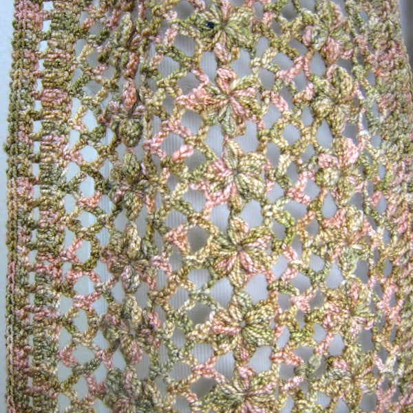 Long, Lacy, Wool-Silk Scarf in Flower Motif, beautifully crocheted hand-dyed olive & rose hues, accessory for any season, lovely gift idea