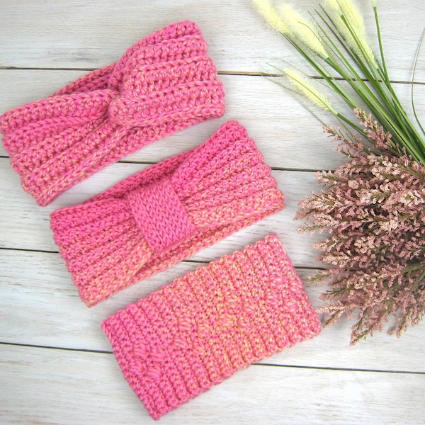 Pretty Pink Ear Warmers - 3 Styles, crocheted hand-dyed wool, cozy warm, ideal ski & outdoor accessory, fun stocking stuffer or holiday gift