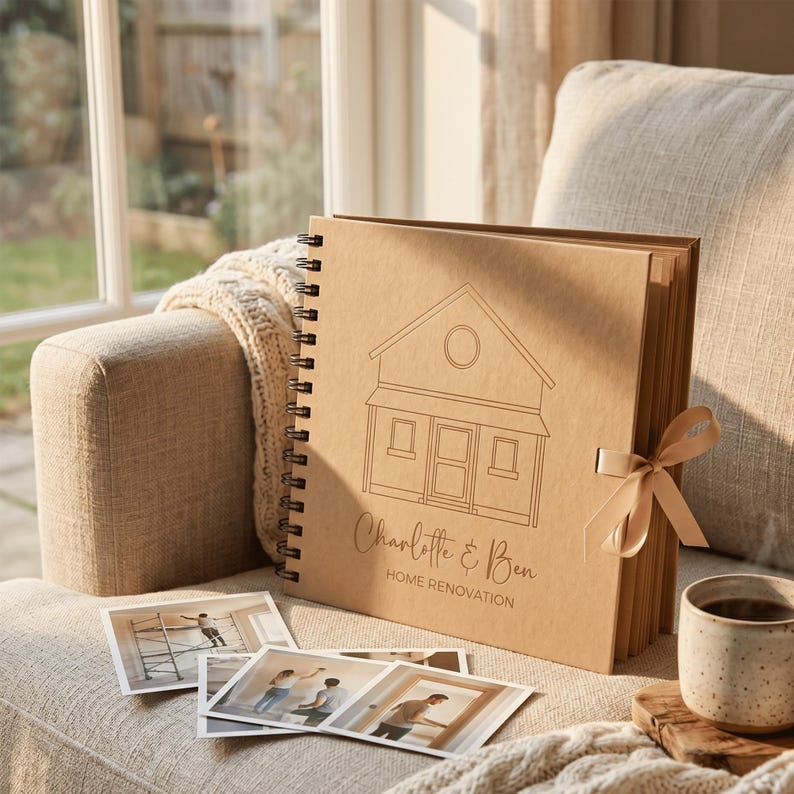 May include: A square, spiral-bound scrapbook with a tan cover featuring a black line drawing of a house, the text "Charlotte & Ben" and "HOME RENOVATION," and a light tan ribbon tie. Several square photographs are displayed in front of the book.