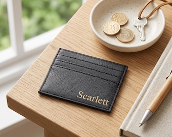 Personalised Black Vegan Leather Card Wallet: Custom Initials