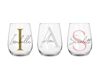 Personalised 360ml Stemless Wine Glass — Classic Serif Initial or Age with Script Name