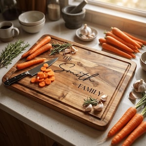May include: A wooden chopping board with the engraved text "The Smith Family" is surrounded by fresh carrots, rosemary sprigs, and garlic cloves. A knife and sliced carrots are on the board. The board is on a white countertop.