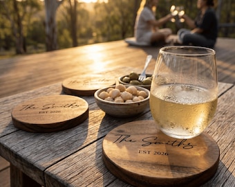 Personalised Acacia Wood Coasters Set: Custom Engraved Drinkware, Housewarming Gift