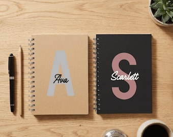 Personalised A5 Notebook Black or Kraft — Classic Serif Initial or Age with Name