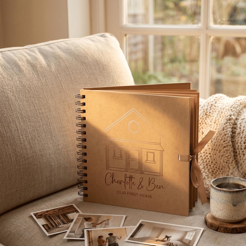 May include: A square, spiral-bound scrapbook with a tan cover featuring a line-art illustration of a house, the names Charlotte & Ben, and the text OUR FIRST HOME. A tan ribbon is tied on the side, and four square photographs lie in front.