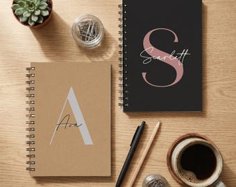 Personalised A5 Notebook Black or Kraft — Modern Sans Initial or Age with Name