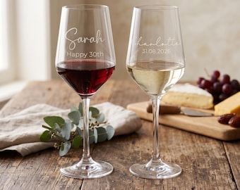 Personalised Engraved Wine Glass, Custom Name & Date, 30th Birthday Gift (Red or White)