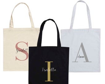 Personalised Name and Large Initial Cotton Bag | Personalised Tote | Black Cotton Bag | Natural Cotton Bag | Bridal Party | Gift for Her