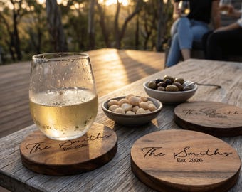 Personalised Acacia Wood Coasters: Engraved Serif Font Drinkware Set (Set of 4)