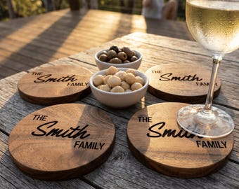 Personalised Acacia Wood Coasters Set of 4: Custom Engraved Family Drinkware