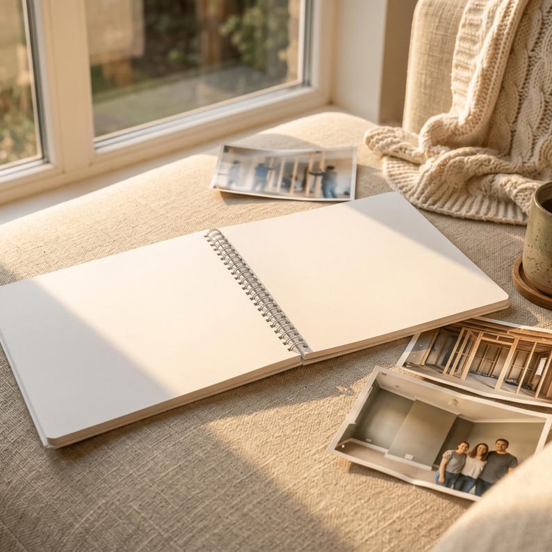 May include: A landscape-oriented spiral-bound sketchbook with blank white pages lies open. Two rectangular photographs showing interior construction and a group of three people are placed near the sketchbook on a textured beige fabric surface.