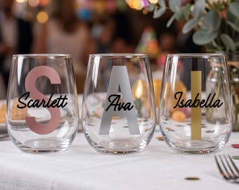 Personalised 360ml Stemless Wine Glass — Bold Heritage Initial or Age with Script Name