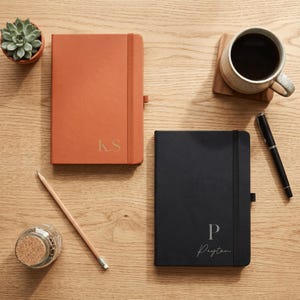 May include: A terracotta orange notebook with the initials K.S. and a black notebook with the name Peyton, both featuring elastic closures. A wooden pencil, a black pen, a small succulent in a pot, and a ceramic mug of coffee are present.