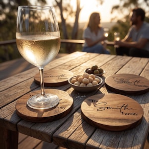 May include: A wine glass with white wine rests on a wooden coaster engraved with "The Smith Family." Other coasters and bowls of snacks are on a wooden table. The scene is outdoors with people in the background.