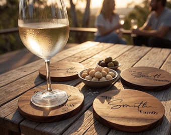 Personalised Acacia Wood Coasters Set – Engraved Drinkware, Housewarming Gift Australia