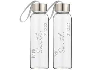 Personalised 500ml Glass Water Bottle — Custom Mr & Mrs or Mx Wedding Gift
