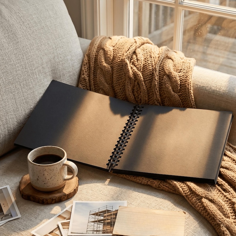 May include: A horizontal spiral-bound sketchbook with solid black pages, positioned next to a speckled ceramic mug filled with dark liquid on a wooden coaster, accompanied by several small rectangular photographs and a blank wooden card.