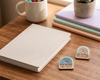 Personalised Rainbow Teacher Name Badge — Coloured Acrylic on Engraved Plywood
