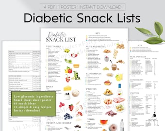 Low-Carb Diabetic Snacks Ideas List + Recipes E-Book, Low-Carb Snack List, Nutrition List, Diabetes Snack Chart, Healthy Snack List.