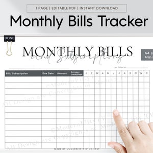 Printable Monthly Bill and Subscriptions Tracker, Bill Payment Tracker, Editable Bill Planner Printable,