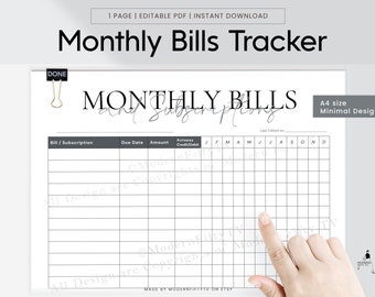 Printable Monthly Bill and Subscriptions Tracker, Bill Payment Tracker, Editable Bill Planner Printable,