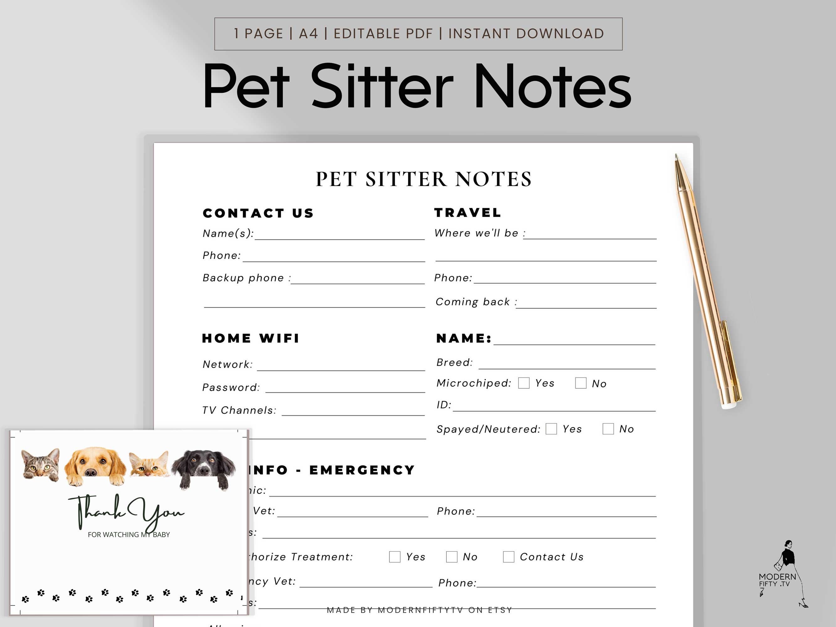Pet Sitter Notes, Instructions for Dog Sitter, Dog Walker Guide, Cat