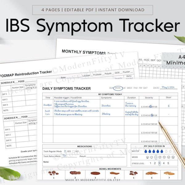 Low FODMAP Voedselsymptomen Tracker, Voedselgevoeligheidsdagboek, PDS Symptoom Tracker, Maandelijkse Symptomen Tracker, Voedselintolerantie en -gevoeligheid.