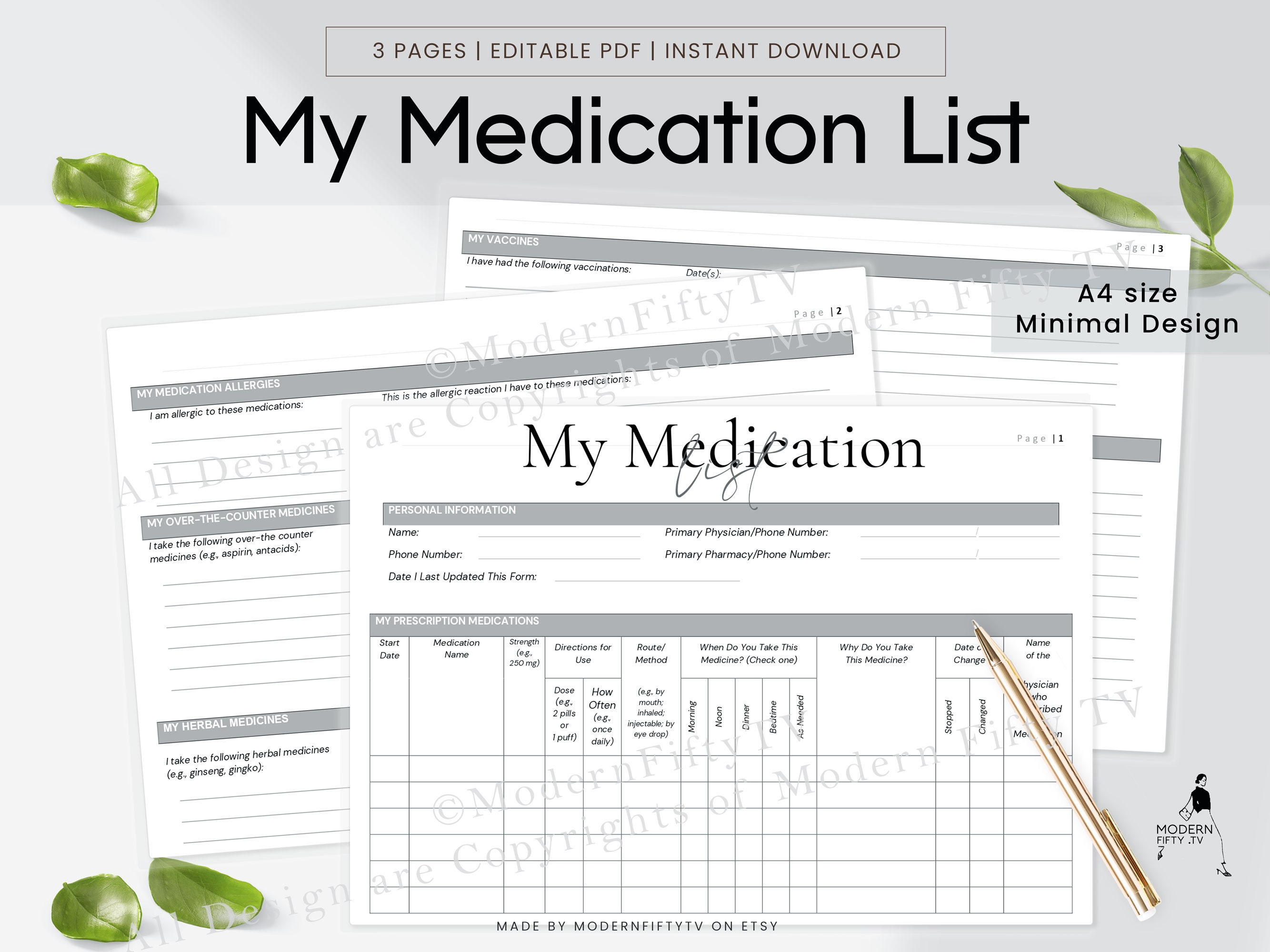 Printable Medication List, Daily Medication and Vitamin, Print at Home