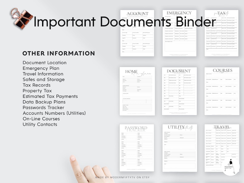May include: A printable set of black and white forms for organizing important documents. The forms include sections for accounts, emergency information, home, documents, courses, passwords, utilities, and travel.