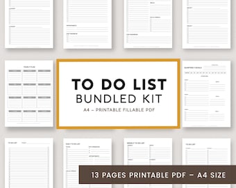 Minimal To Do List Bundled Kit (13 documents) - Fillable - Task Organizer, Productivity Planner, Project and Category To Do