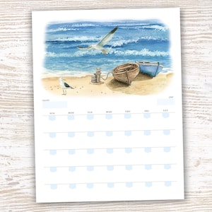 calendário do mar para imprimir| calendário sem data| calendário aberto para imprimir| calendário mensal| barcos oceano aquarela| calendário de mês em branco| carta