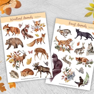 folha de adesivos de floresta | animal da floresta | natureza da floresta | na floresta | adesivo de diário | natureza selvagem | vida selvagem | pássaros | raposa | adesivo com tema de floresta