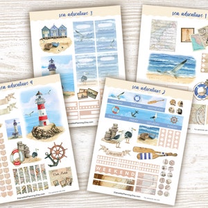 Meeresabenteuer| Strand Aufkleber | 4 Bögen| Ozean Aufkleber | Planer/ Journal printable| Maritim| Leuchtturm| Ufer| Maritimes Aquarell
