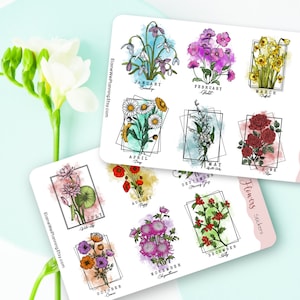 Pegatinas de flores del mes de nacimiento/ Hojas de pegatinas de flores de nacimiento/ Arte de flores de nacimiento/ Hoja de pegatinas Bujo/ Pegatinas mensuales/ Pegatinas del mes de nacimiento