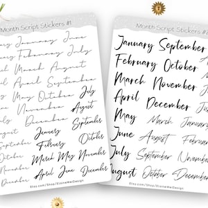 Puede incluir: Dos hojas de pegatinas con los meses del año escritos en cursiva. El texto "Month Script Stickers #1" y "Month Script Stickers #2" está en la parte superior. El nombre de la tienda Etsy está en la parte inferior.
