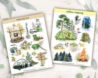 camping stickers| outdoor printable| 2 sheets| camping planner| outdoor journal sticker kit| outdoor adventure| camping hiking| watercolor