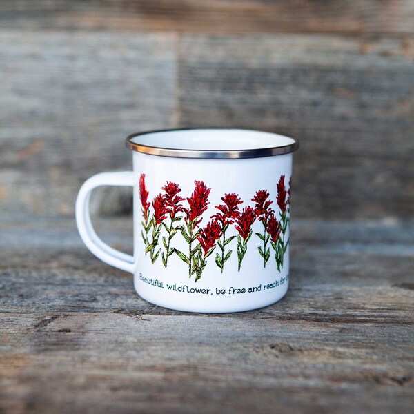 Wildflower Series Indian Paintbrush Tin Camp Mug | 11oz white Stainless Steel camping mug, Wyoming State Flower