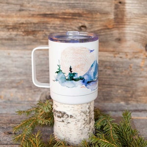 Watercolor Mountains Insulated White Tumbler with Handle and Lid | coffee tumbler, 10 oz, stainless steel