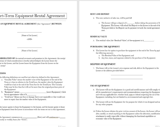Editable Equipment Rental Agreement Editable Wedding or Party Equipment